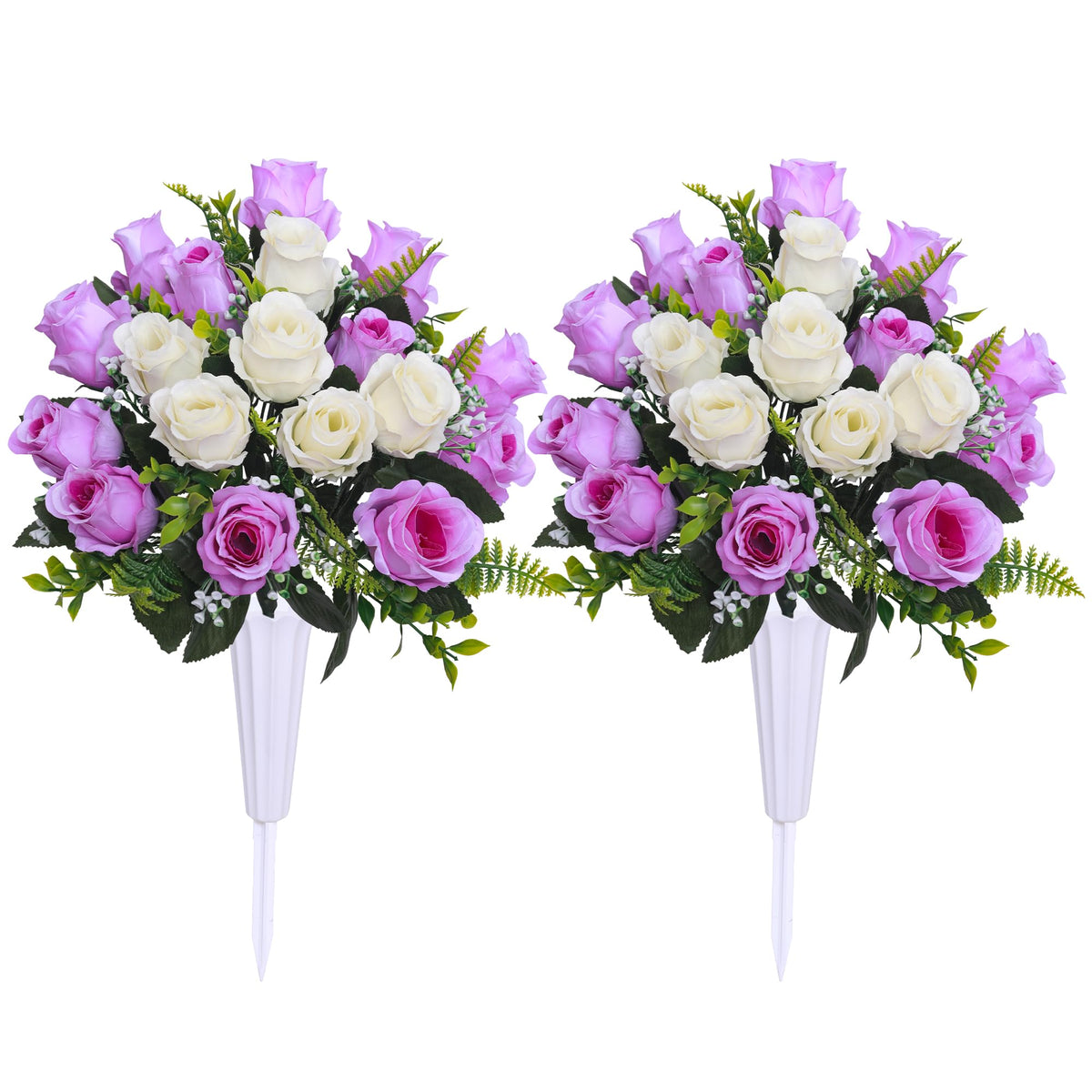 Hibsotco artificial cemetery flowers bouquet with white and purple tones for enduring tribute