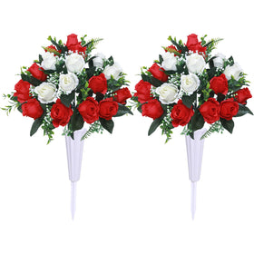 Hibsotco artificial cemetery flowers set with red and white blooms for lasting memorials.