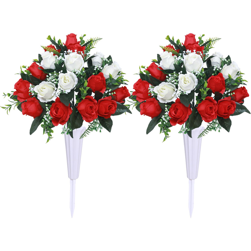 Hibsotco artificial cemetery flowers set with red and white blooms for lasting memorials.