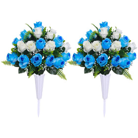 Hibsotco artificial cemetery flowers in white and blue bouquet close-up, vivid color for lasting remembrance.