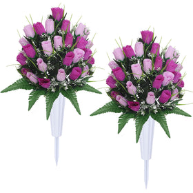 Hibsotco artificial cemetery flowers with purple rose bouquets offer a lasting memorial display.