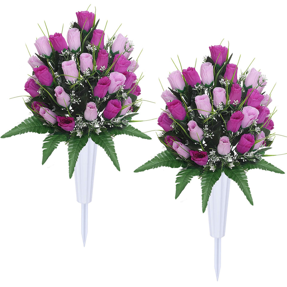 Hibsotco artificial cemetery flowers with purple rose bouquets offer a lasting memorial display.