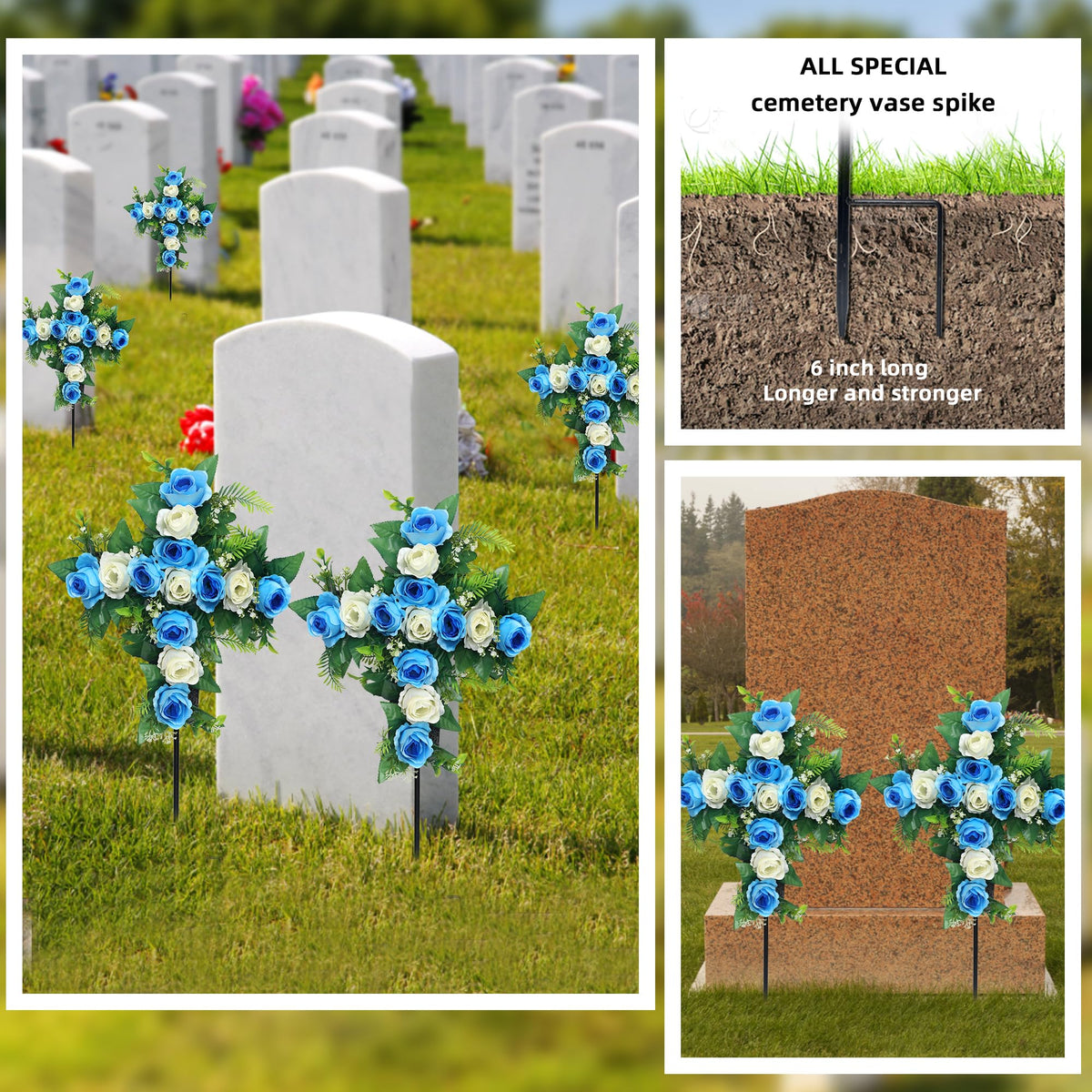 Hibsotco blue rose bouquets on cross, weather-resistant for outdoor graves.