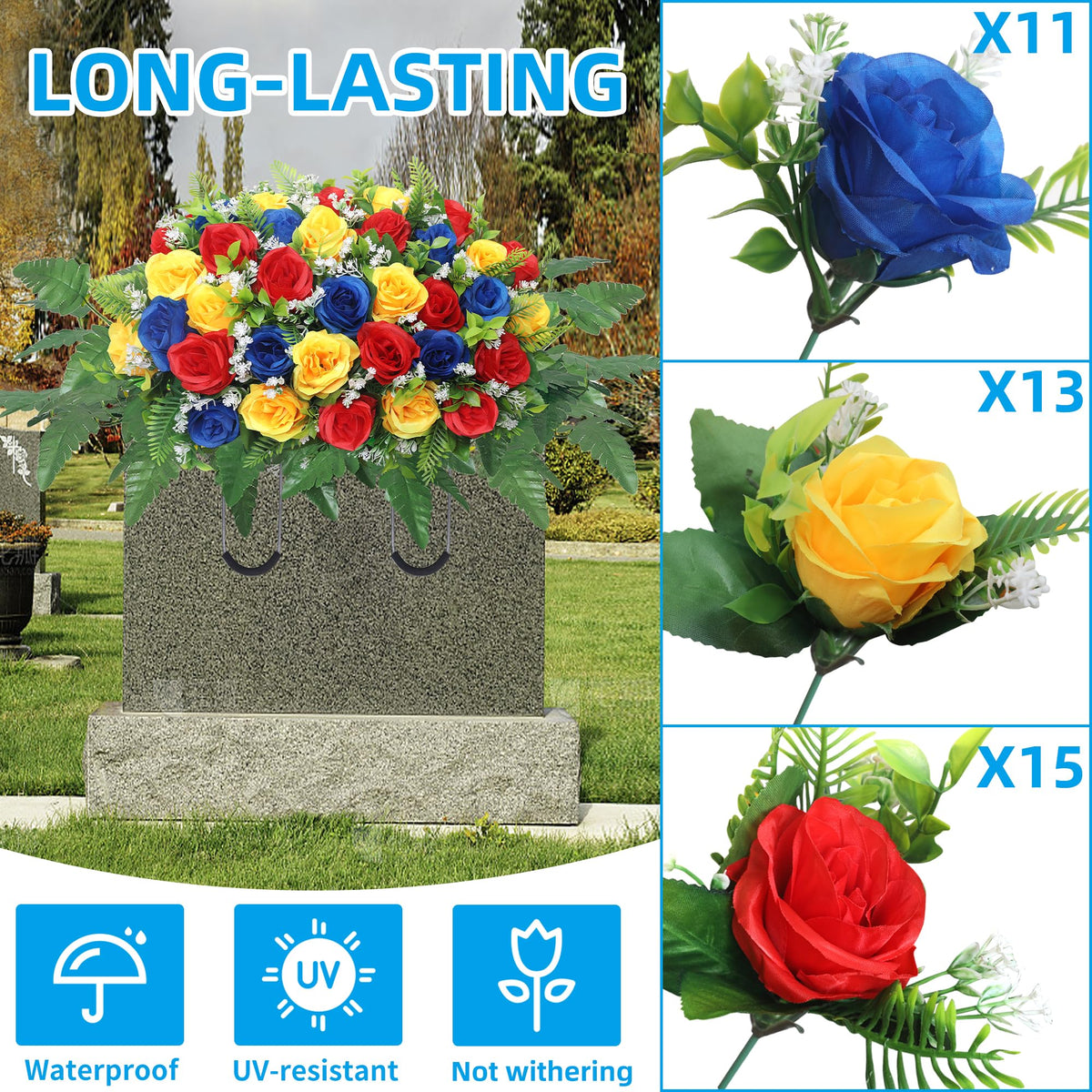 Hibsotco artificial roses display on a grave saddle for durable grave decor