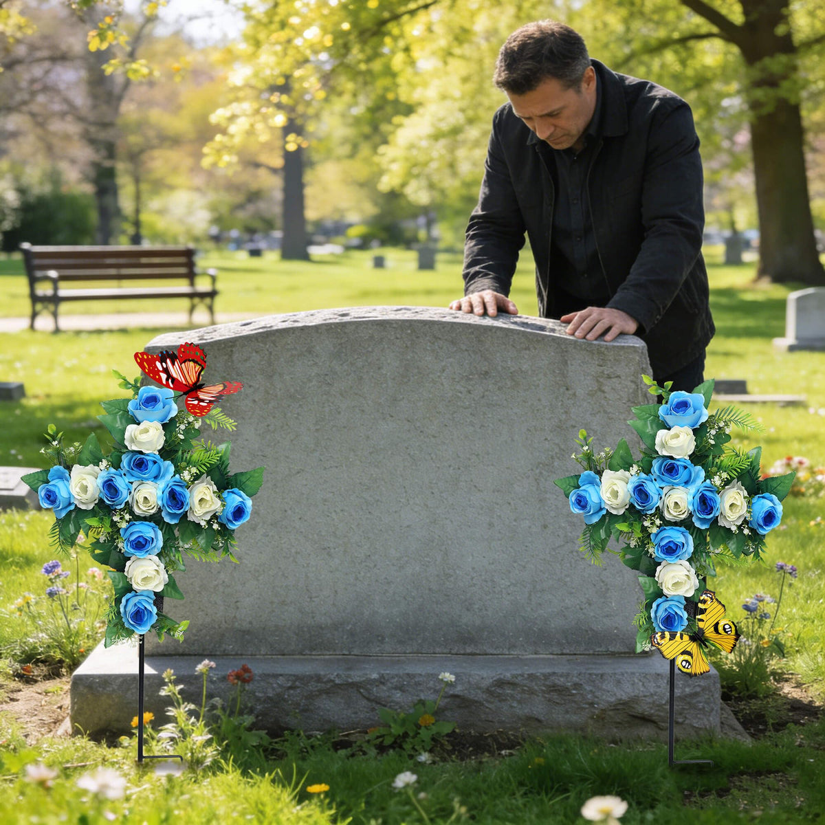 Hibsotco cemetery flower set includes two bouquets and four butterflies.