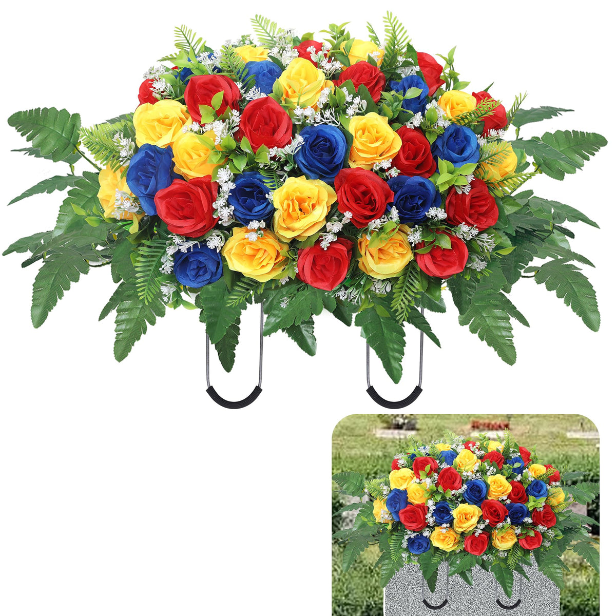 Hibsotco cemetery headstone saddle with lush roses for graves