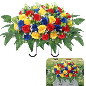 Hibsotco cemetery headstone saddle with lush roses for graves