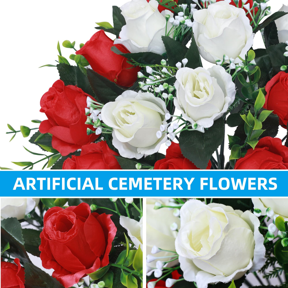 Hibsotco 18-rose-head bouquet shows vibrant, realistic color for cemetery decor.