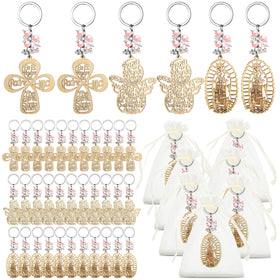 Hicarer baptism cross wooden keyring with pink pearls, a keepsake for guests