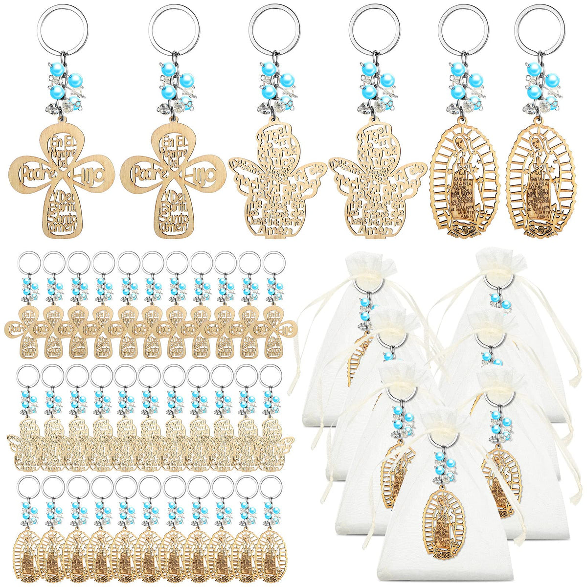 Hicarer baptism key ring with wooden cross and blue pearls, ideal for christening keepsakes.