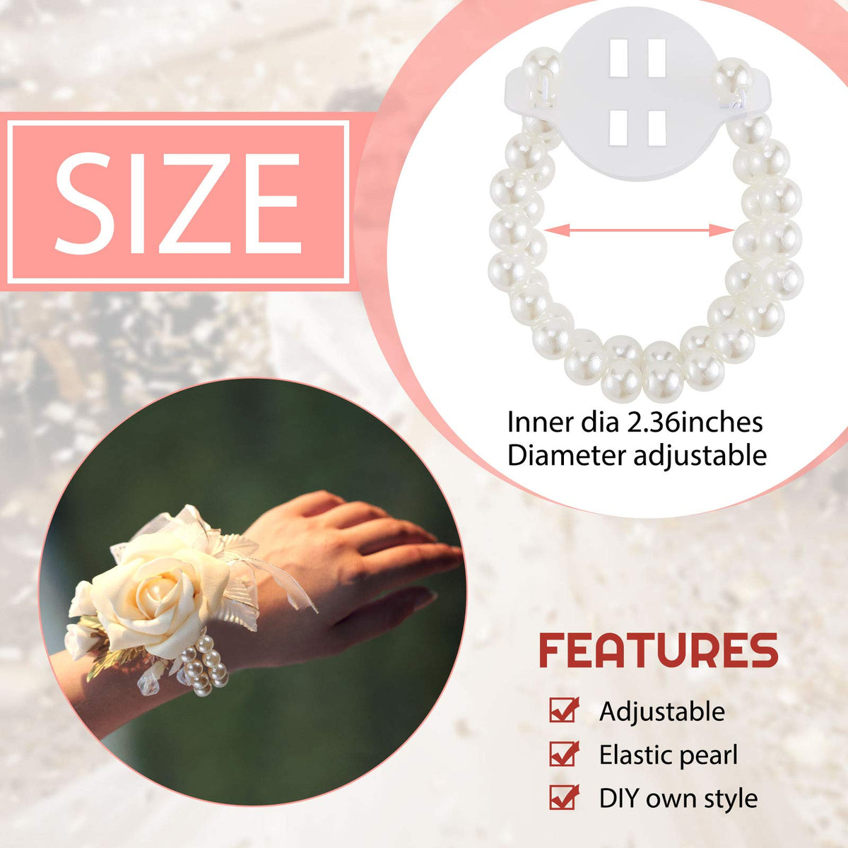 Hicarer elastic wrist corsage pearls close-up, secure wear for long events.