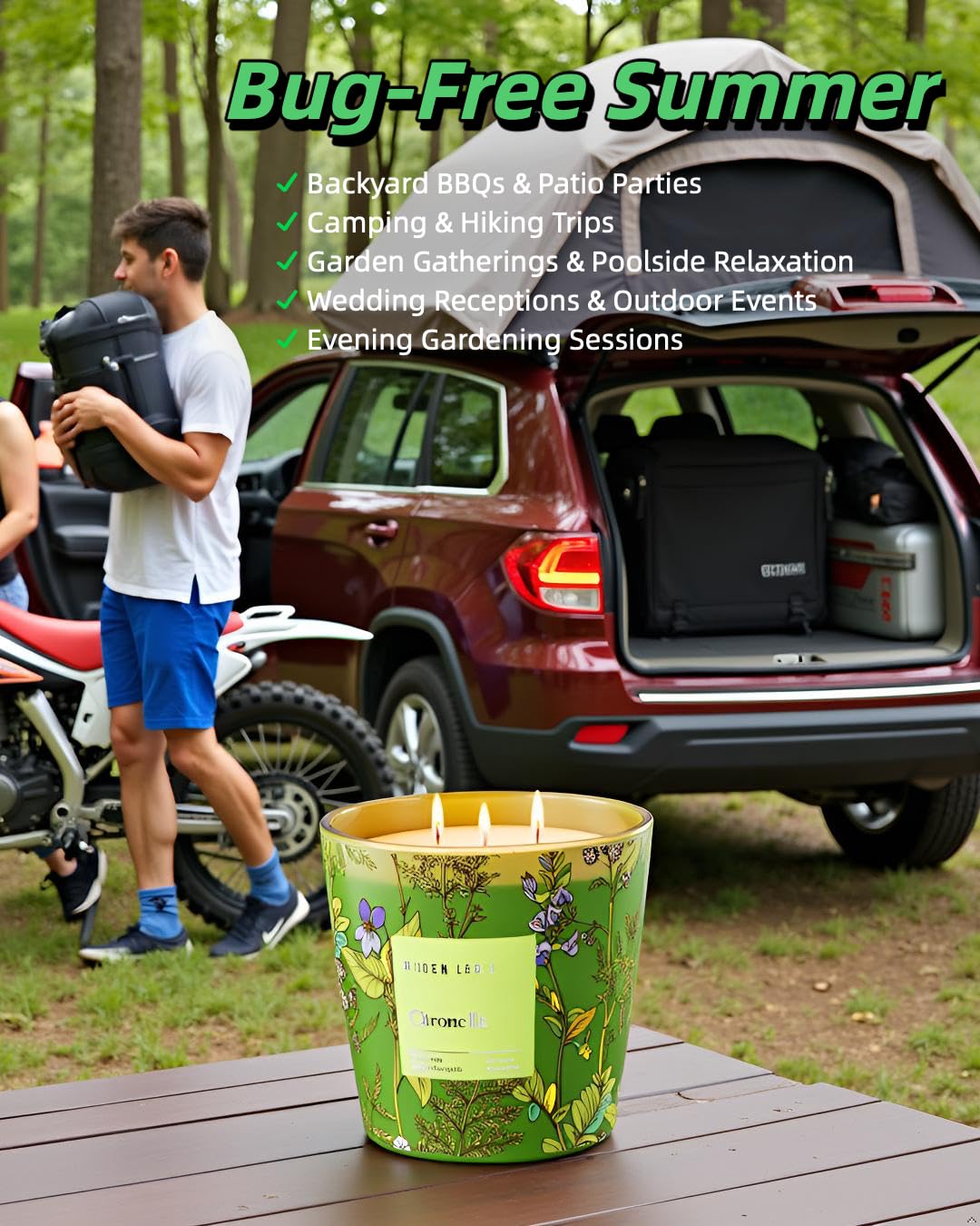 Hidden Label citronella 30oz candle highlights long burn time for camping.
