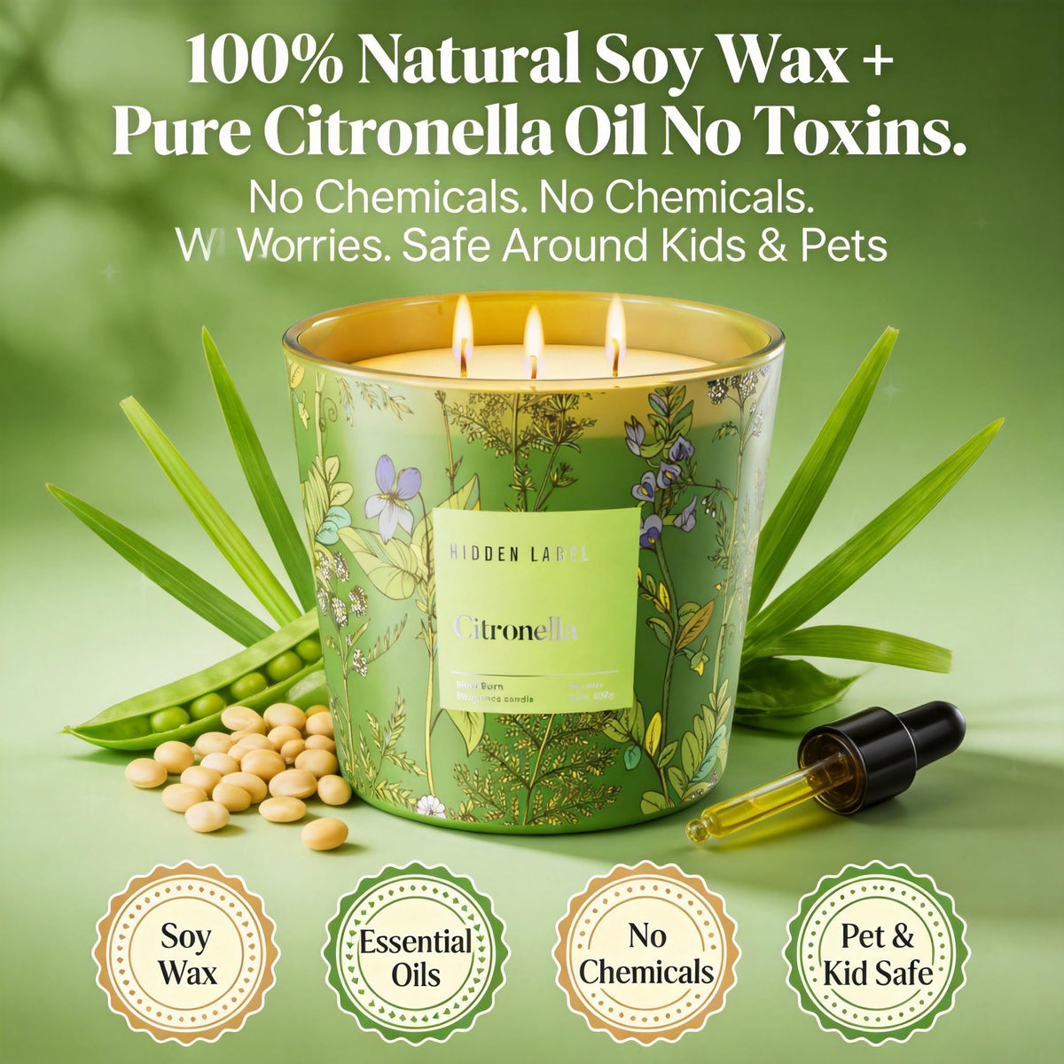 Hidden Label citronella 30oz candle in outdoor patio scene for longer evenings.