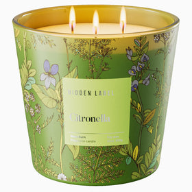 Hidden Label citronella 3-wick 30oz top view demonstrates broad outdoor scent coverage.