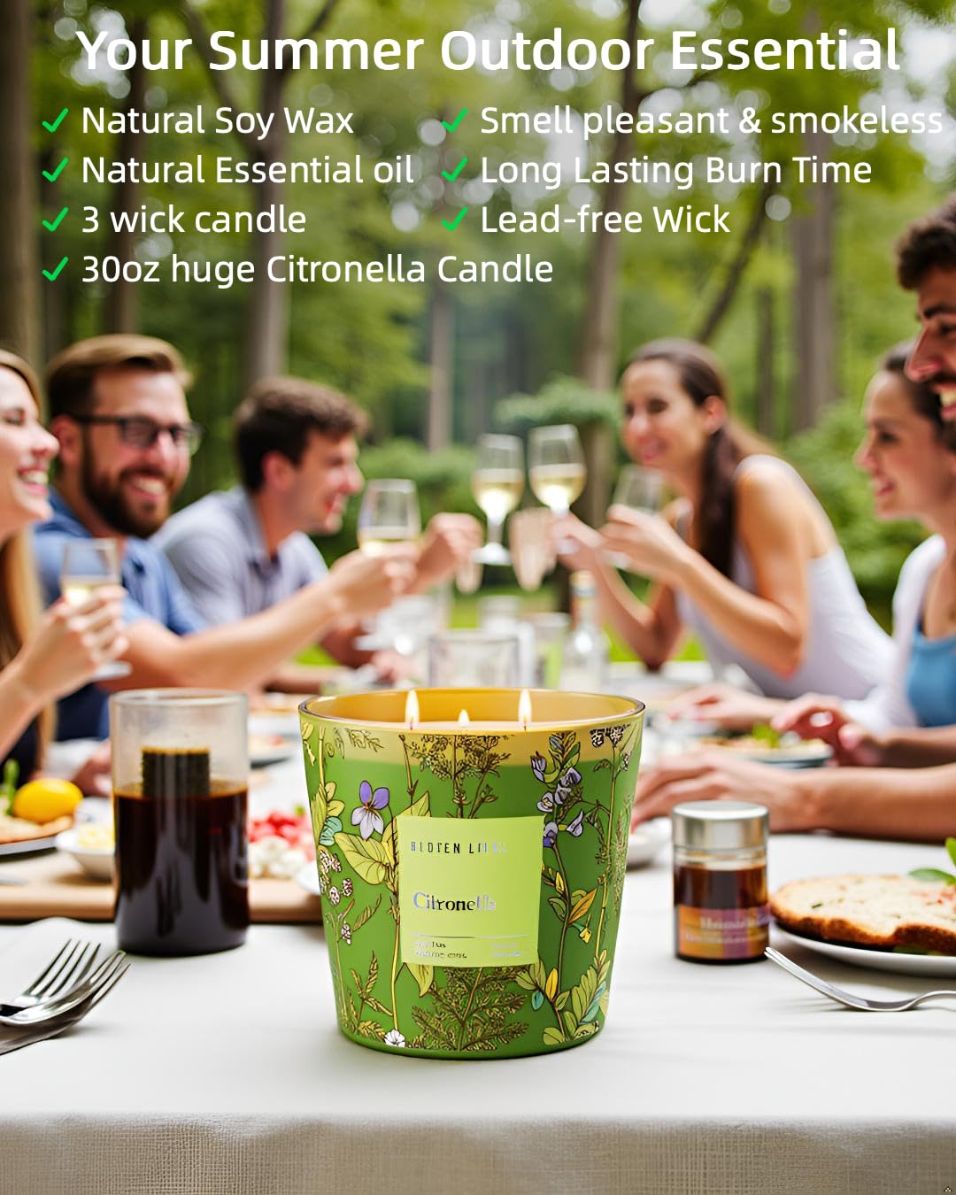 Hidden Label citronella 3-wick jar in garden for bug deterrence and ambience.
