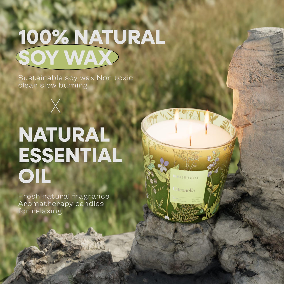 Hidden Label citronella large candle ideal for backyard parties.