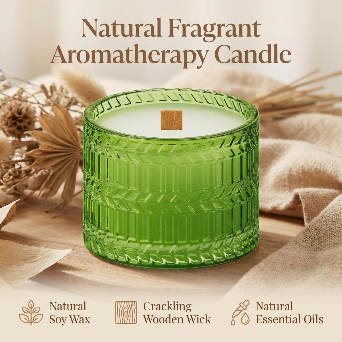 Hidden Label crackling wood wick delivering cozy campfire ambiance.