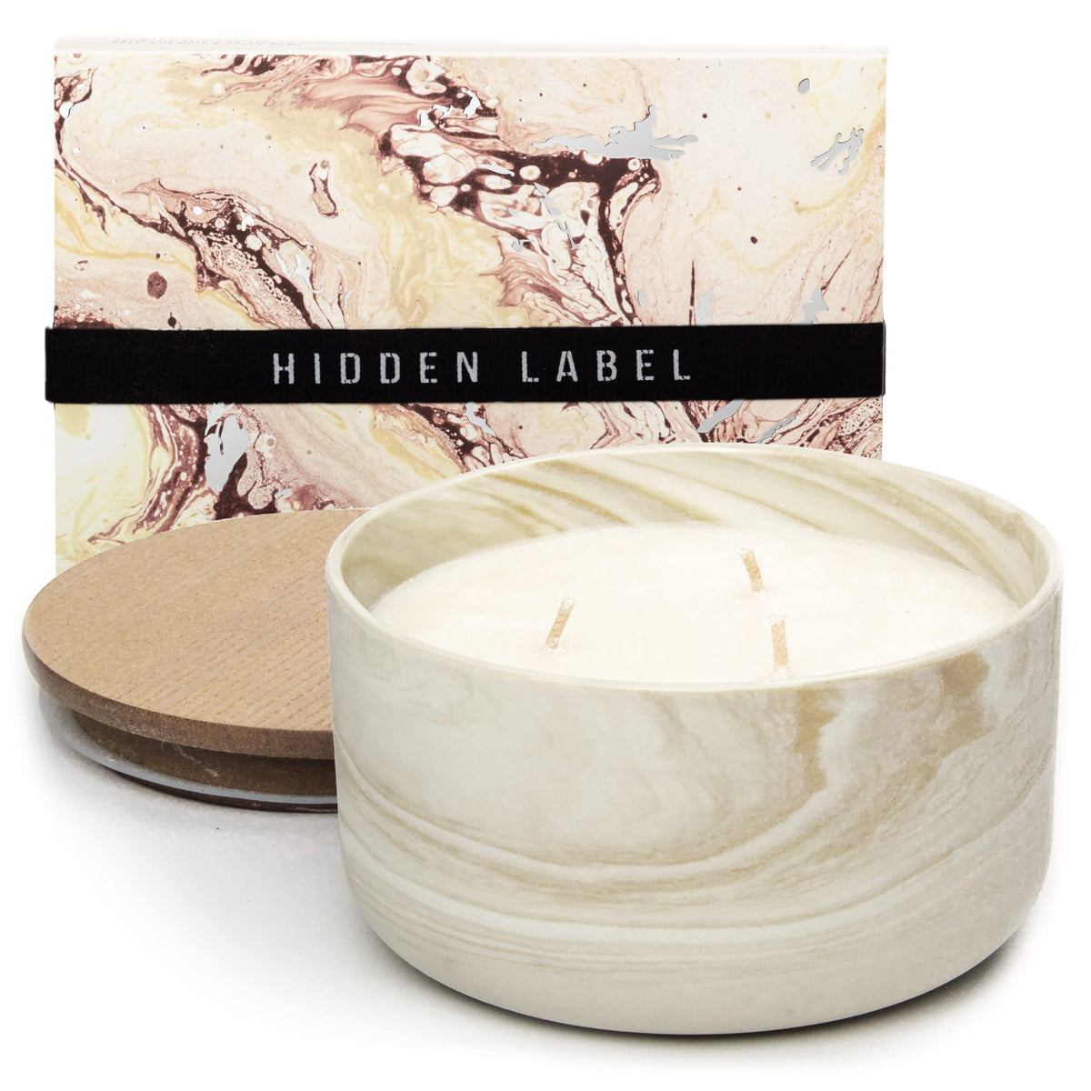 Hidden Label Vanilla Caramel Soy Candle front view with elegant jar for ambient living room ambiance