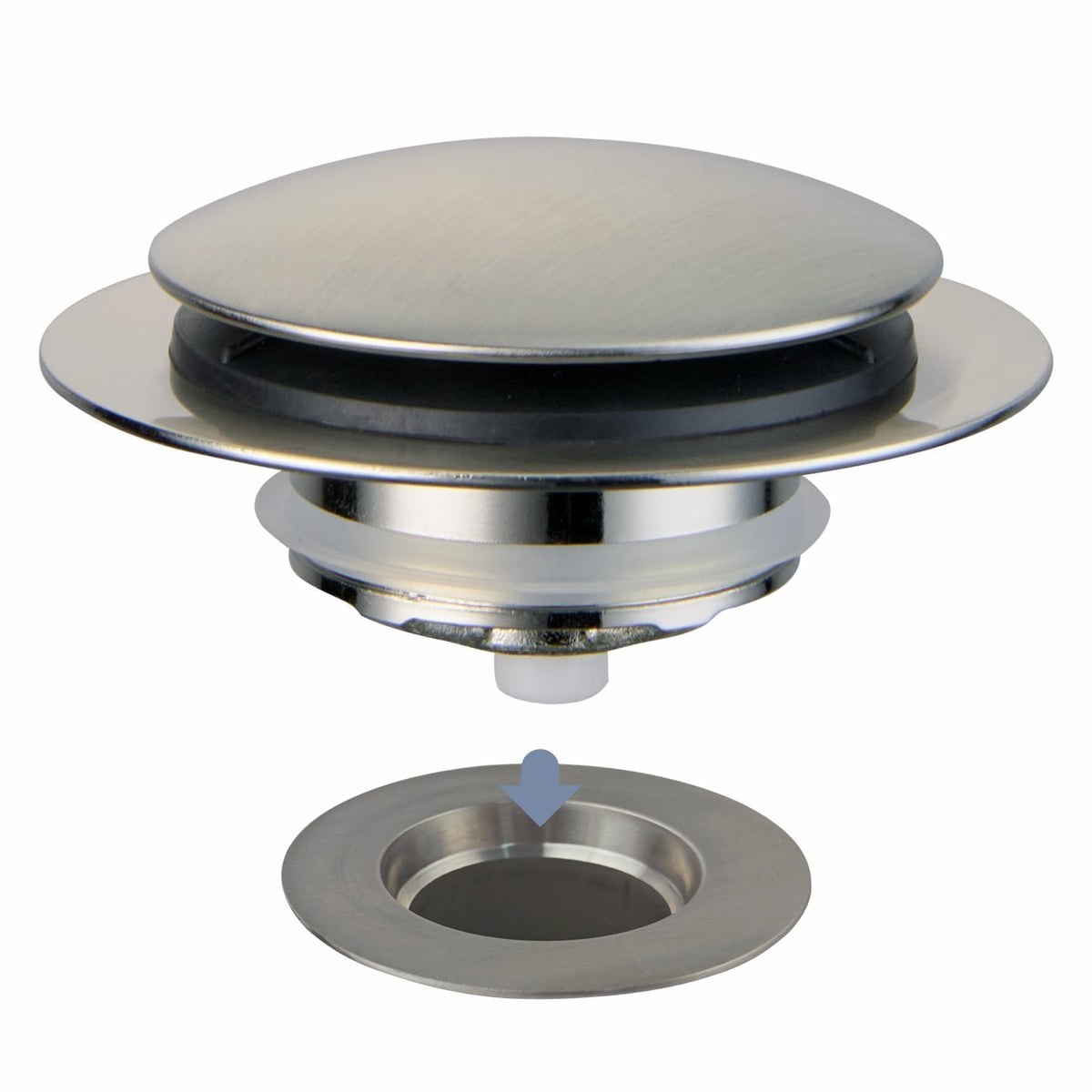 HIDROP brushed tub drain stopper close-up showing durable brass construction