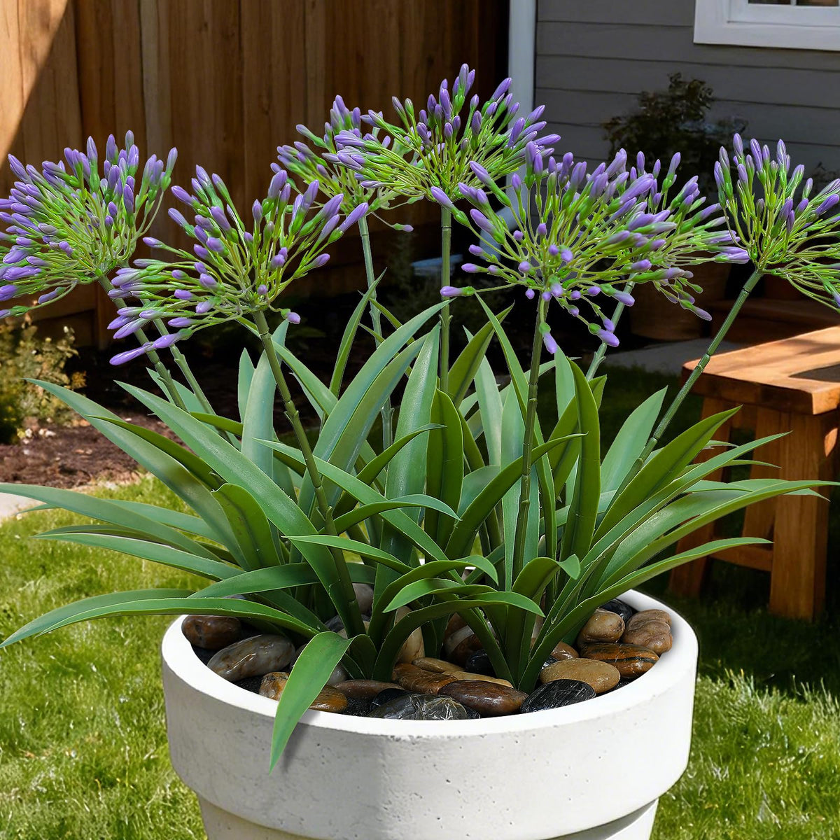 HIFORESTAR artificial Agapanthus stems in purple, 18.9-inch display for a lush porch centerpiece.