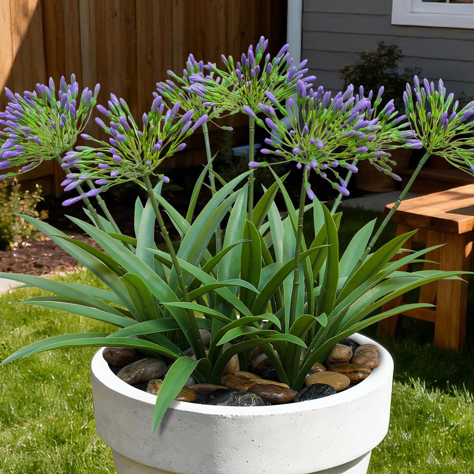 HIFORESTAR artificial Agapanthus stems in purple, 18.9-inch display for a lush porch centerpiece.