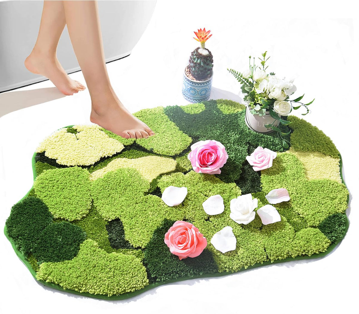 Hifuwan cute green moss shag bath rug with 3D leaves design for cozy bathroom decor