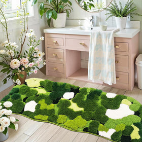 Hifuwan green moss bathroom runner with lush texture for a cozy, dry bathroom floor.