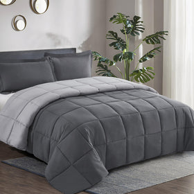 HIG 3pc grey queen comforter set on a bed for effortless styling and comfort