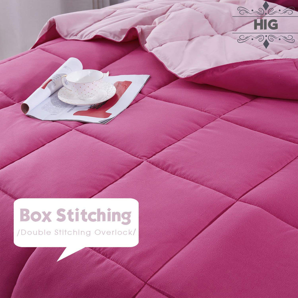 HIG box-stitched quilting keeps fill even for plush warmth