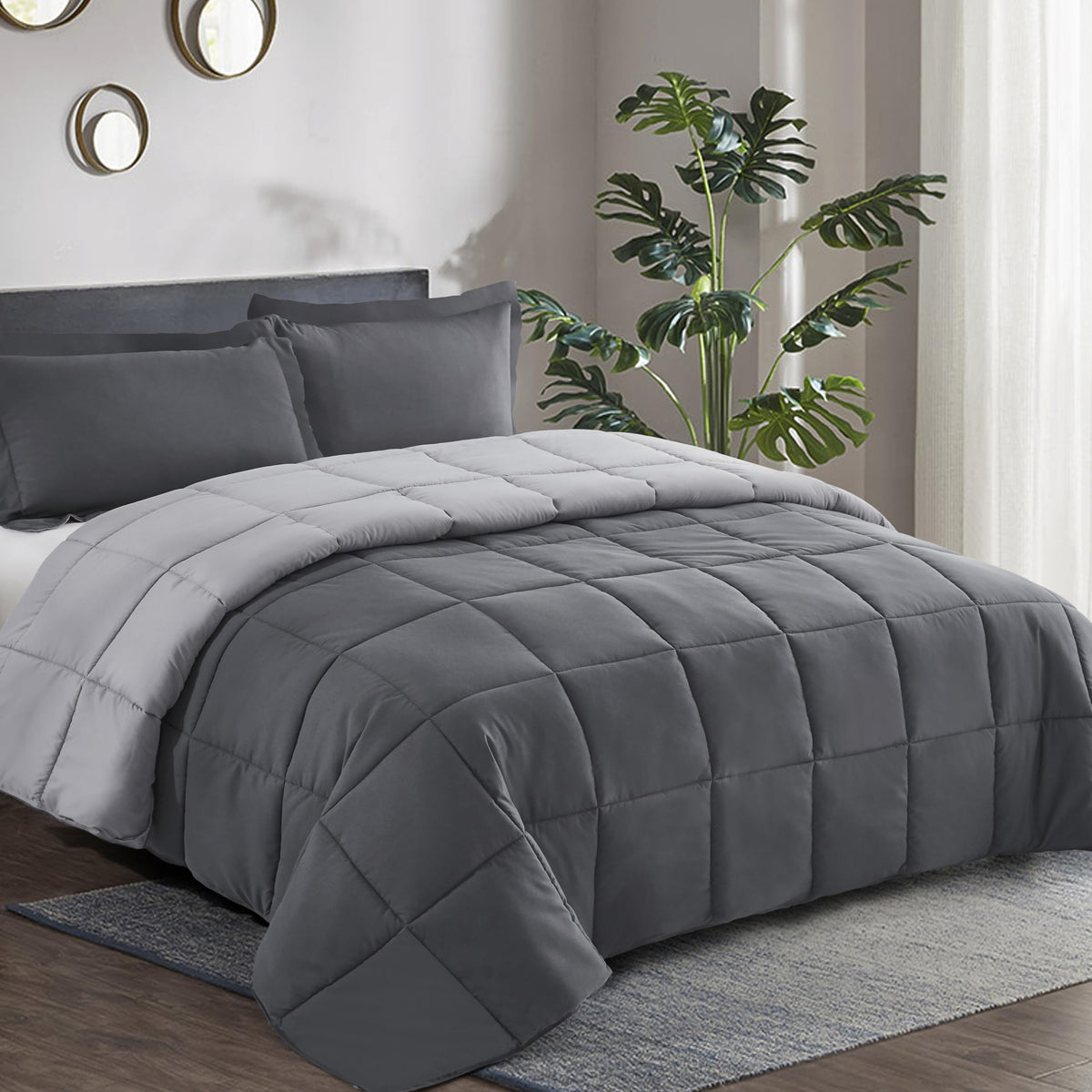 HIG comforter set gray full-size on bed for a calm, modern look.