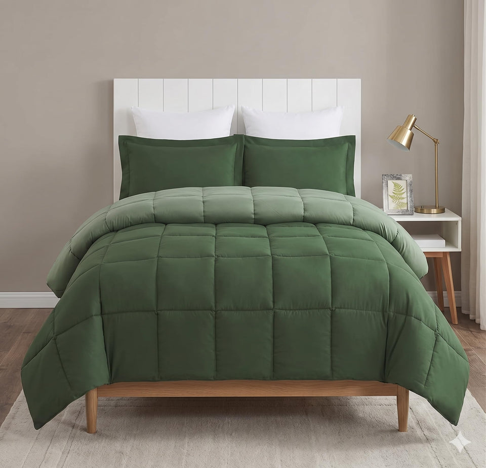 HIG green twin-xl comforter set folded to show two-tone design for quick room refresh