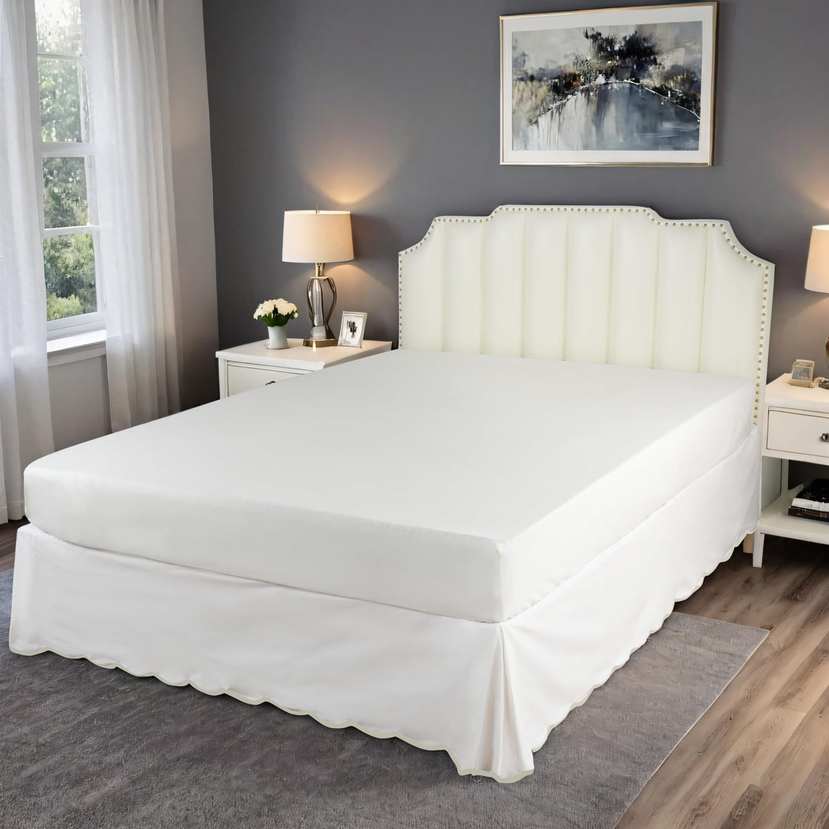 HIG Off White Chic bedskirt pre-washed for long-lasting use and easy care.