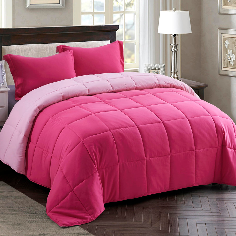 HIG pink comforter set full size reversible design for easy styling and all-season comfort.