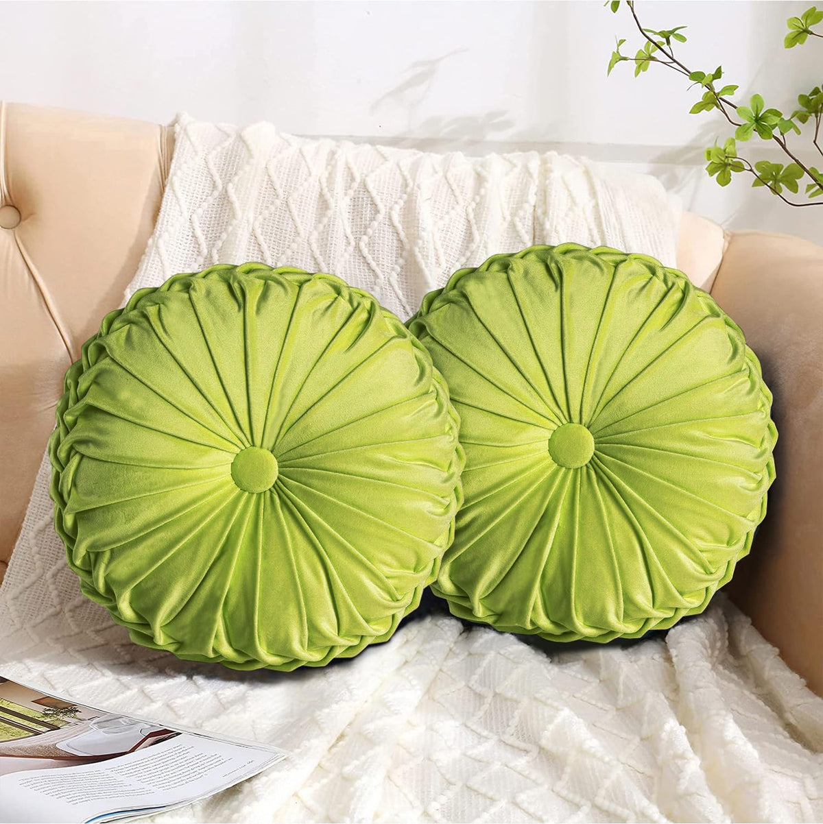 HIG pink ruched velvet round pillow front view highlighting decorative elegance and comfort