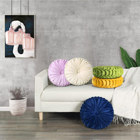 HIG pink ruched velvet round pillow packaging image for gifting and storage