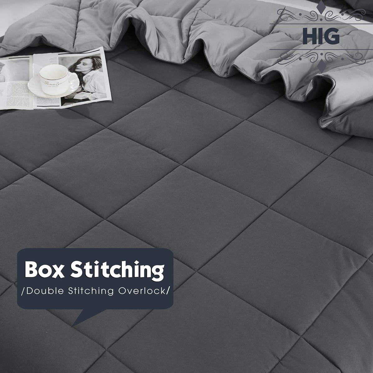 HIG reversible two-tone gray comforter closeup with two mood options