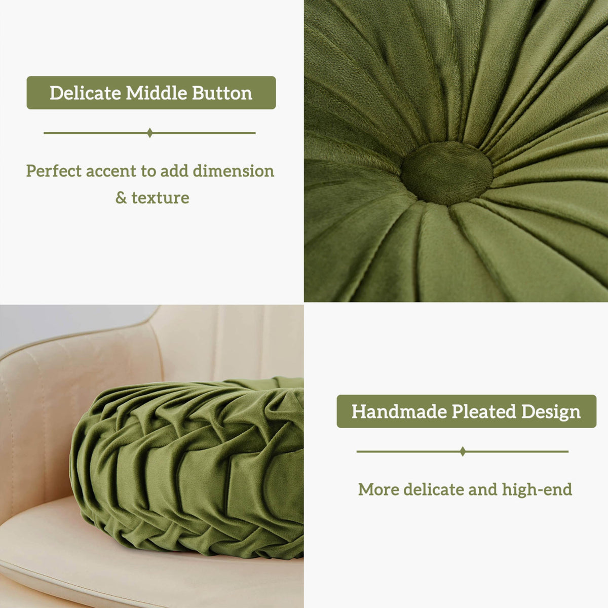 HIG Ripple olive round pillow center button as elegant focal detail