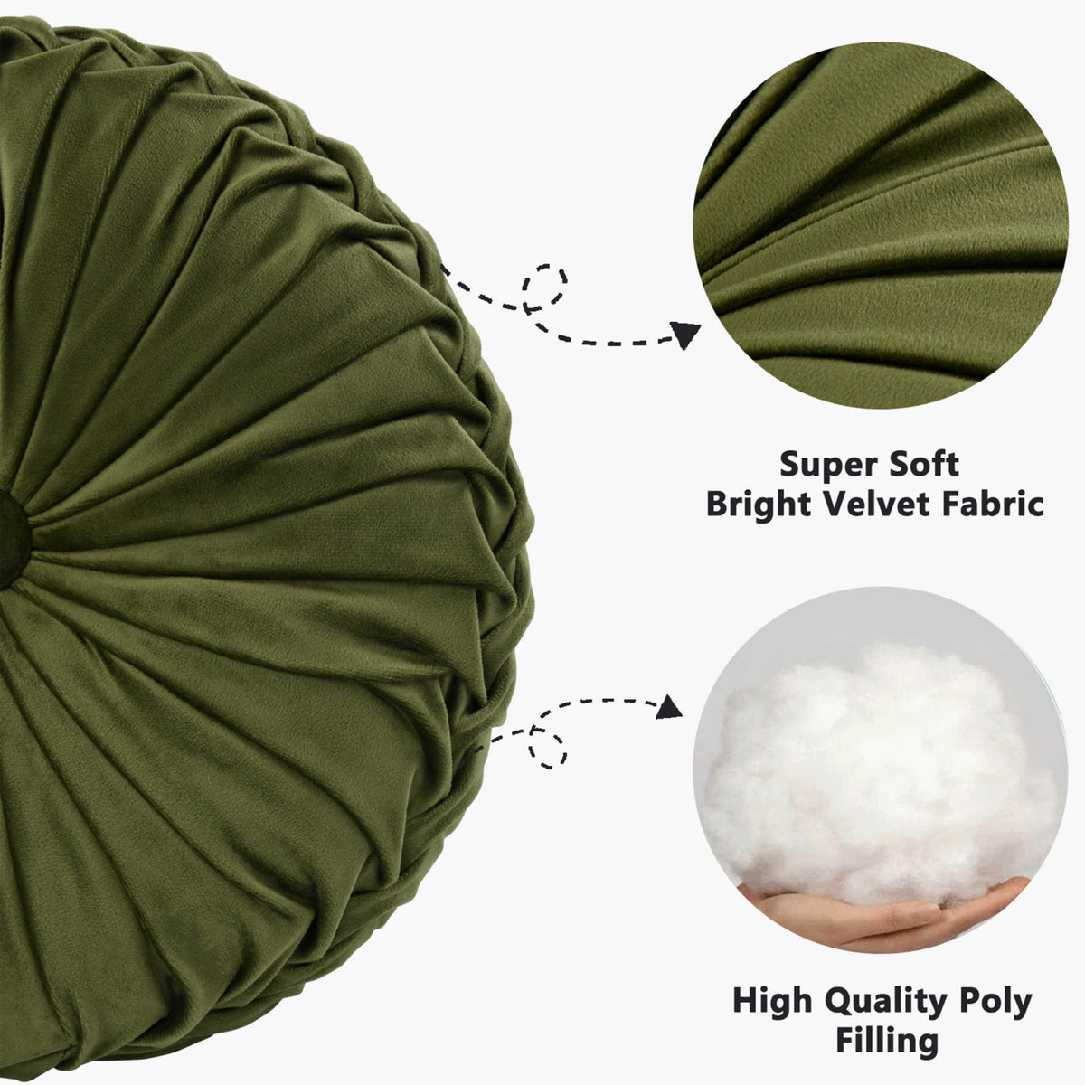 HIG Ripple olive round pillow close-up highlights handcrafted pleats