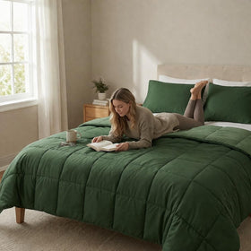 HIG soft microfiber comforter offers breathable warmth for all-season comfort.