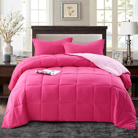 HIG two-tone pink comforter reverse side offers calm neutral mood for versatile bedroom decor.