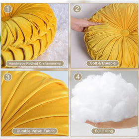 HIG yellow ruched velvet round pillow on bed enhances comfort and ambiance.