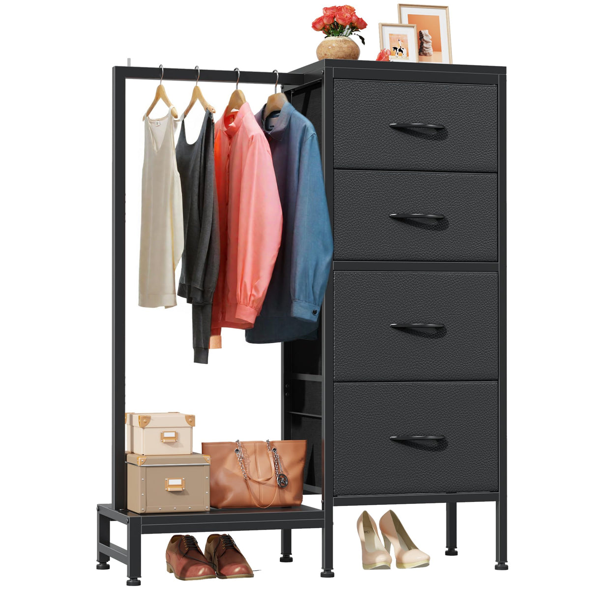 HIGDBFE dresser with hanging rack in black provides tall coat storage