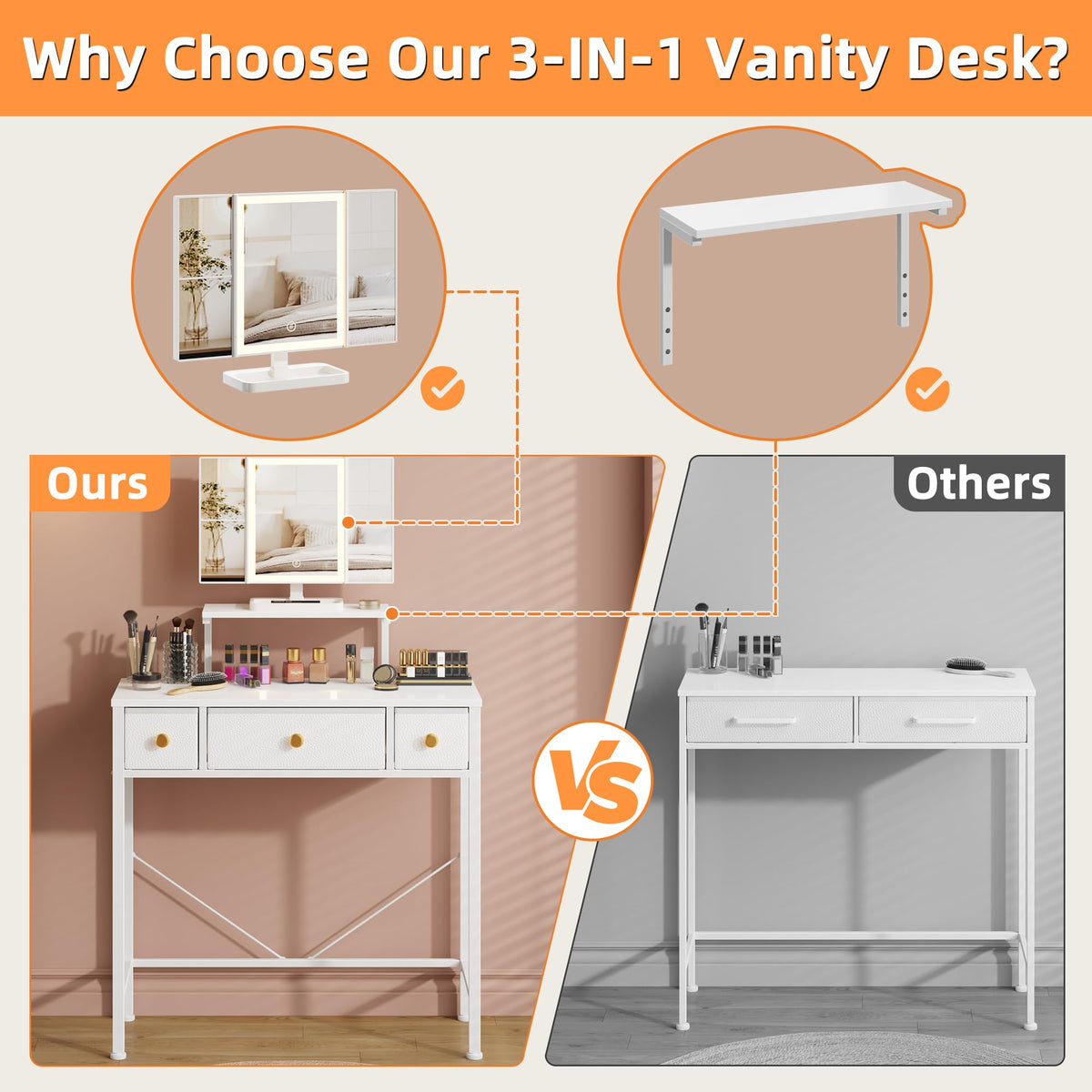 HIGDBFE vanity desk compact dimensions shown for space planning in bedrooms