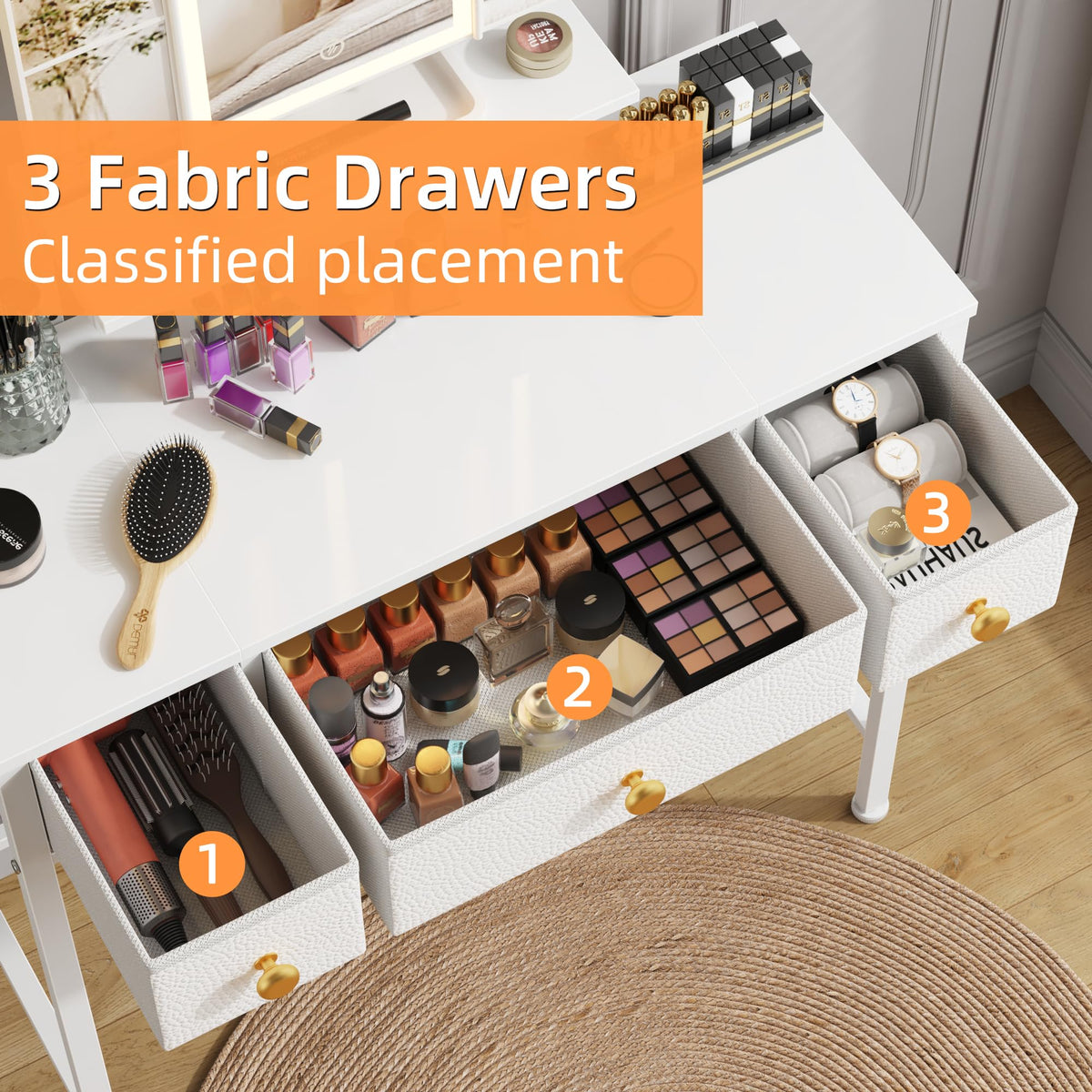 HIGDBFE vanity desk room-setup showing fit in a small bedroom