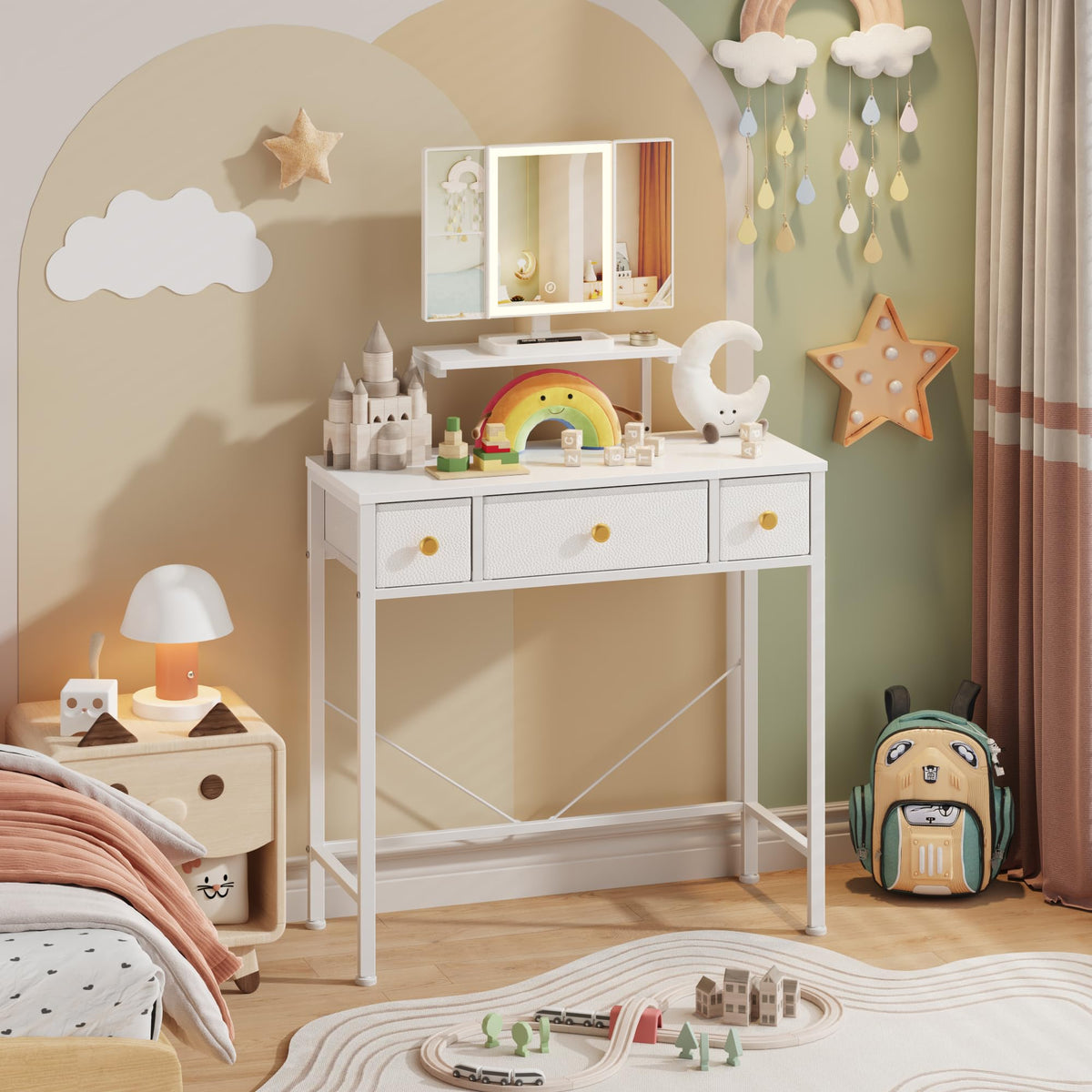 HIGDBFE vanity desk storage space with three fabric drawers for cosmetics