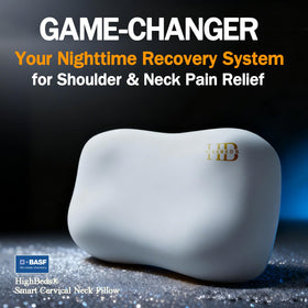 HighBeds Cervical Neck Pillow side view highlighting ergonomic contour and shoulder alignment.