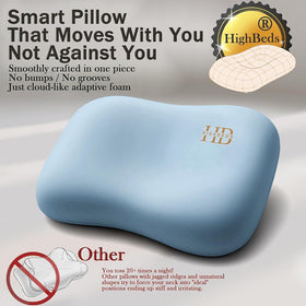 HighBeds pillow showing temp-neutral core for year-round comfort.
