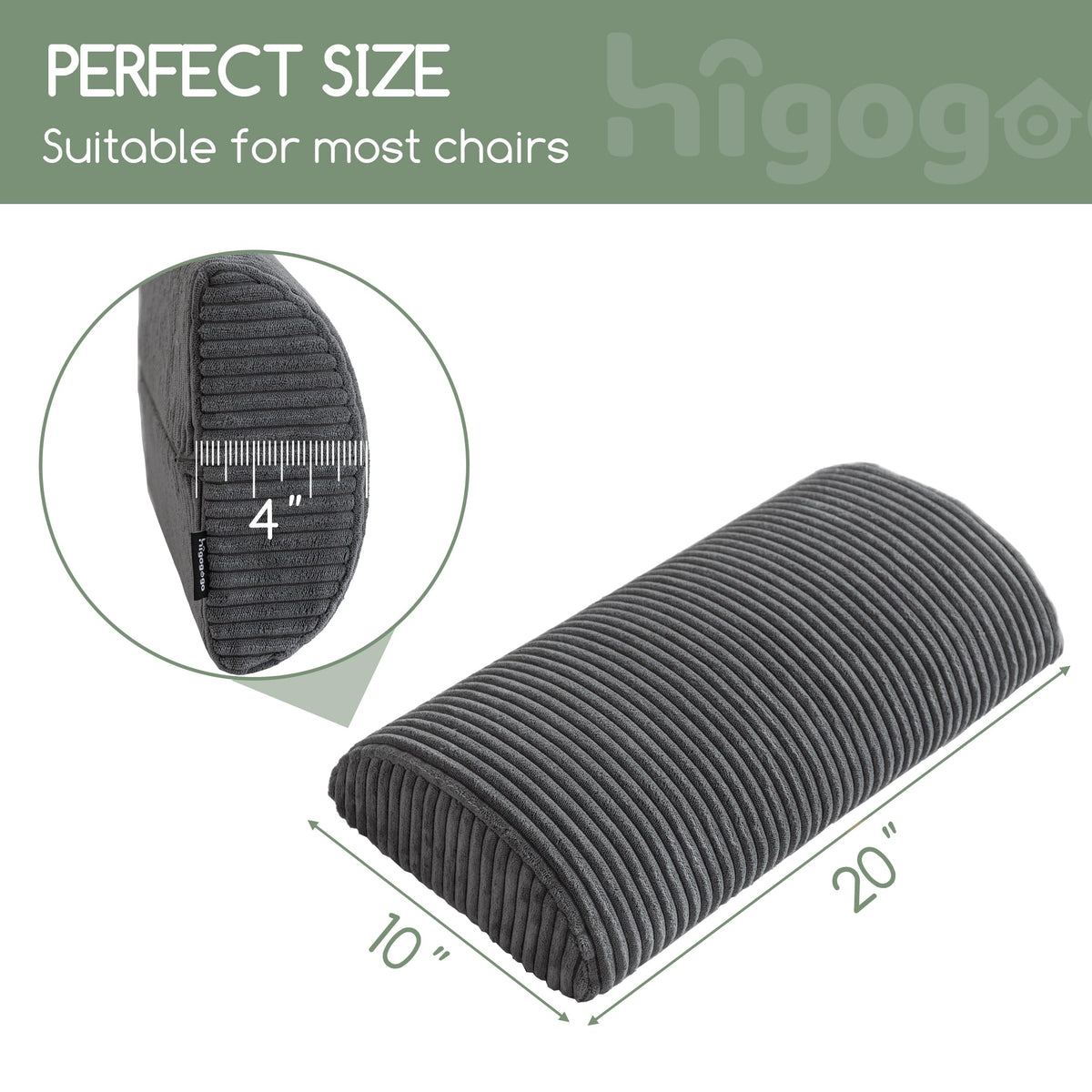 HIGOGOGO lumbar support pillow shows dual-layer foam and gel surface for cooling comfort
