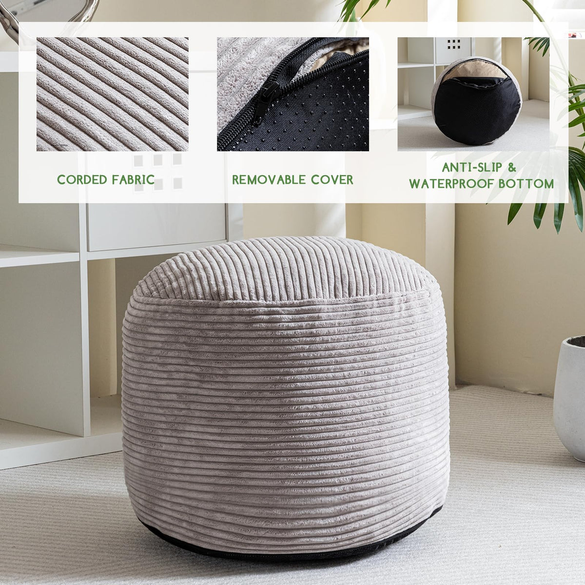 HIGOGOGO pouf bottom opening shows easy refilling of memory foam.