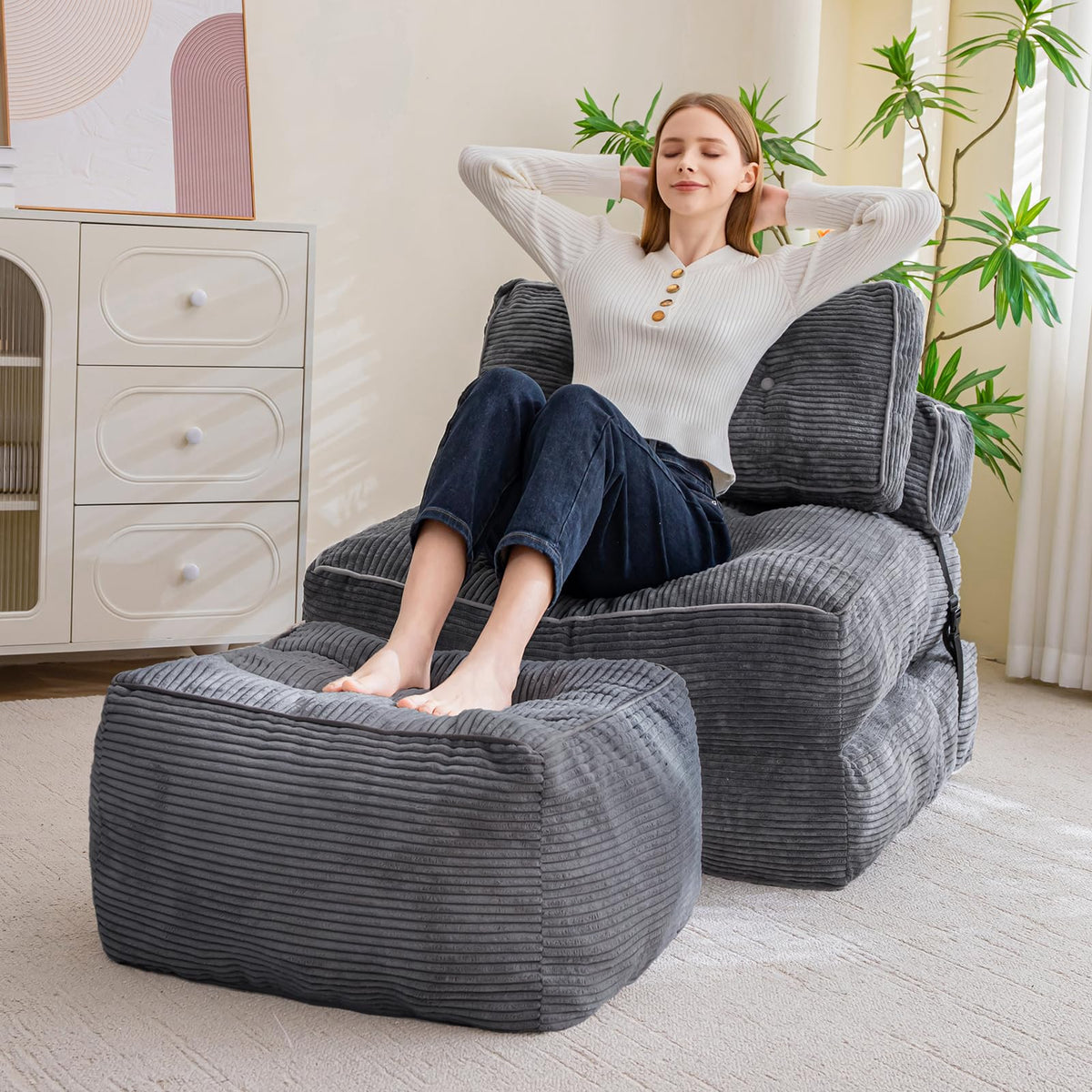 HIGOGOGO 21x21 inch pouf fits beside sofa or bed.